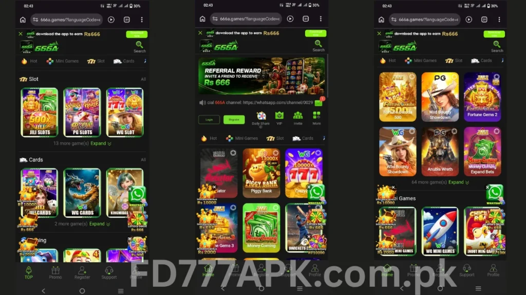666A gambling app: slot and cards games grid, referral reward home screen, and popular games selection list.