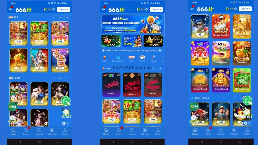 666H gambling app: slot and card games grid, refer friends banner home screen, and sports betting selection.