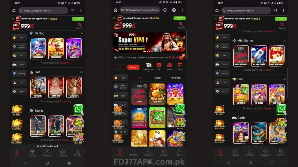 Screenshots of 999X betting app showing fishing and live dealer games, VIP deposit promo, and mini games grid.