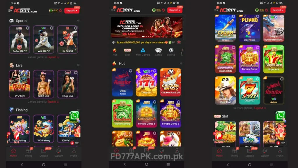 AC777 app: sports and live casino games home screen, agent commission banner, and slot games grid.