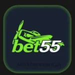 Bet55 online casino app logo icon on dark background, showing green bet55 text with a small airplane icon.