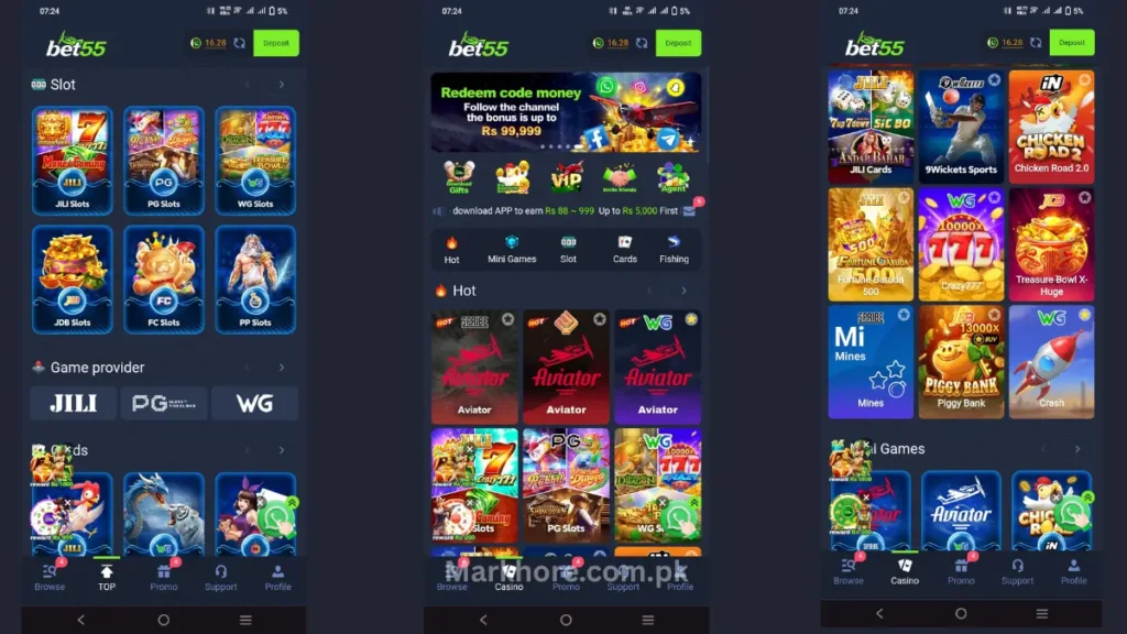 Bet55 gambling app, slot games list with providers, redeem code home screen, and casino games grid selection.