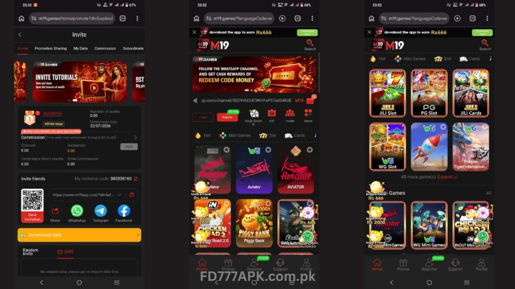 Screenshots of M19 betting app showing invite dashboard, promo banner, and casino slot game categories