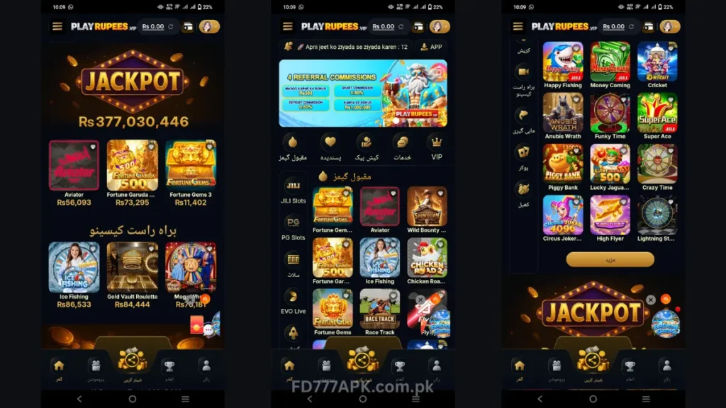 PlayRupees gaming app: jackpot home screen, referral commissions banner, and slot and casino games grid.