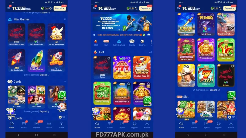 Screenshots of TC777 betting app showing mini games grid, agent commission promo, and casino slot lobby.
