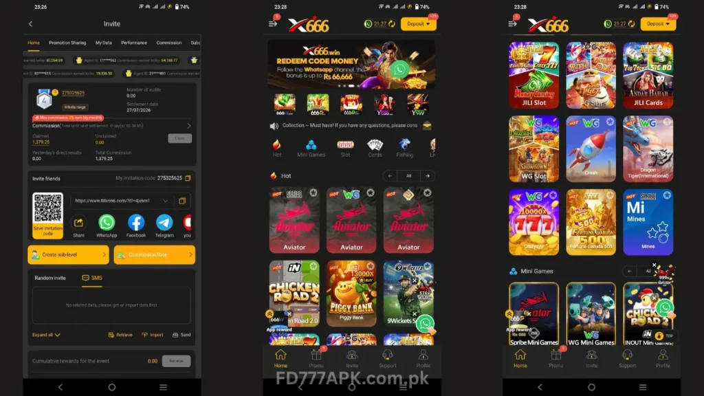 Screenshot of X666 betting app showing invite page, commission dashboard, and casino slot game lobby.