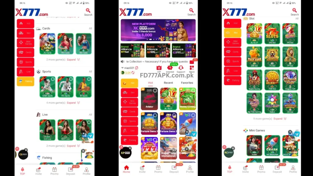 X777 gaming app: cards and sports games grid, new platform banner home screen, and slot games selection list.