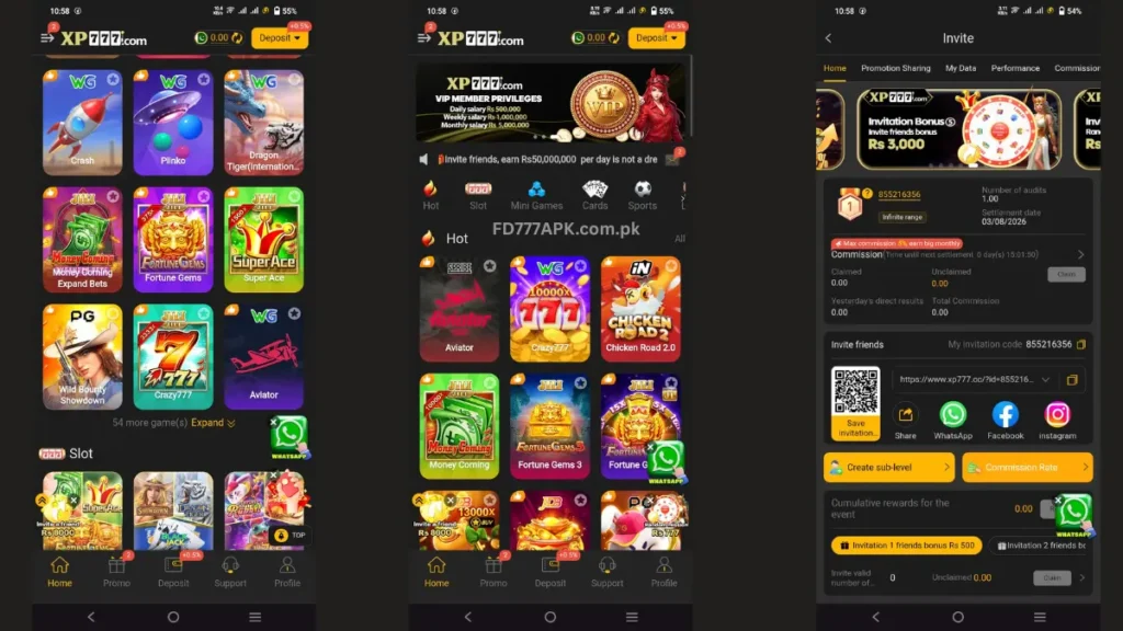 XP777 gambling app: slot games grid, VIP membership privileges screen, and invite bonus page with QR code.