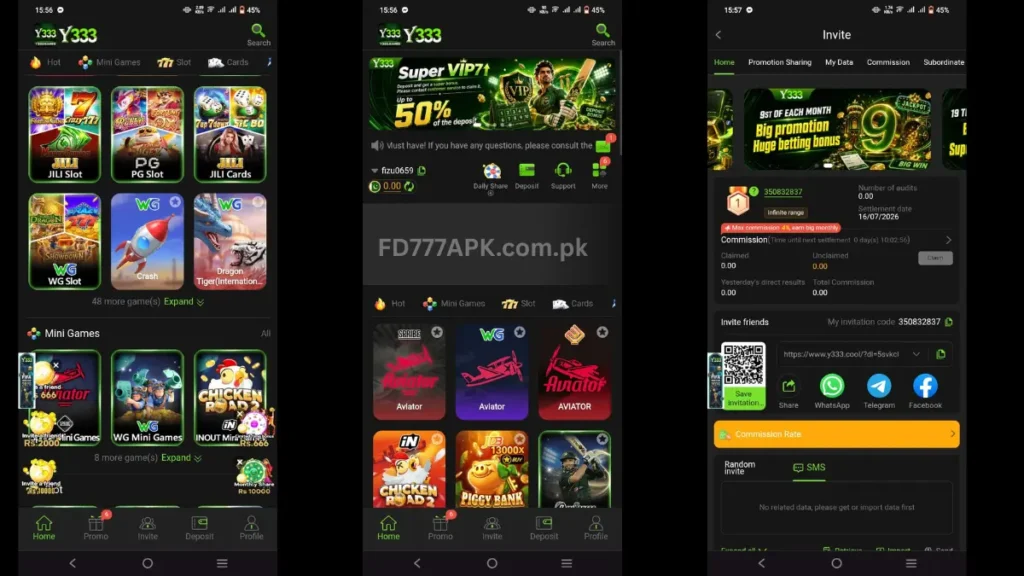 Three Y333 app screenshots: game lobby with slots, VIP deposit bonus banner, and invite commission page