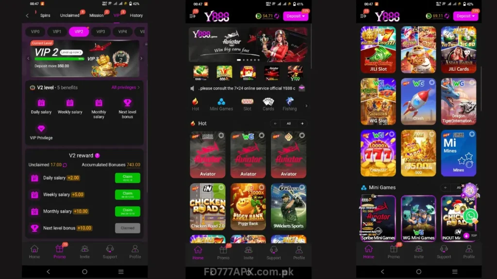 Screenshots of Y888 betting app showing VIP rewards page, game lobby banner, and casino slot game grid