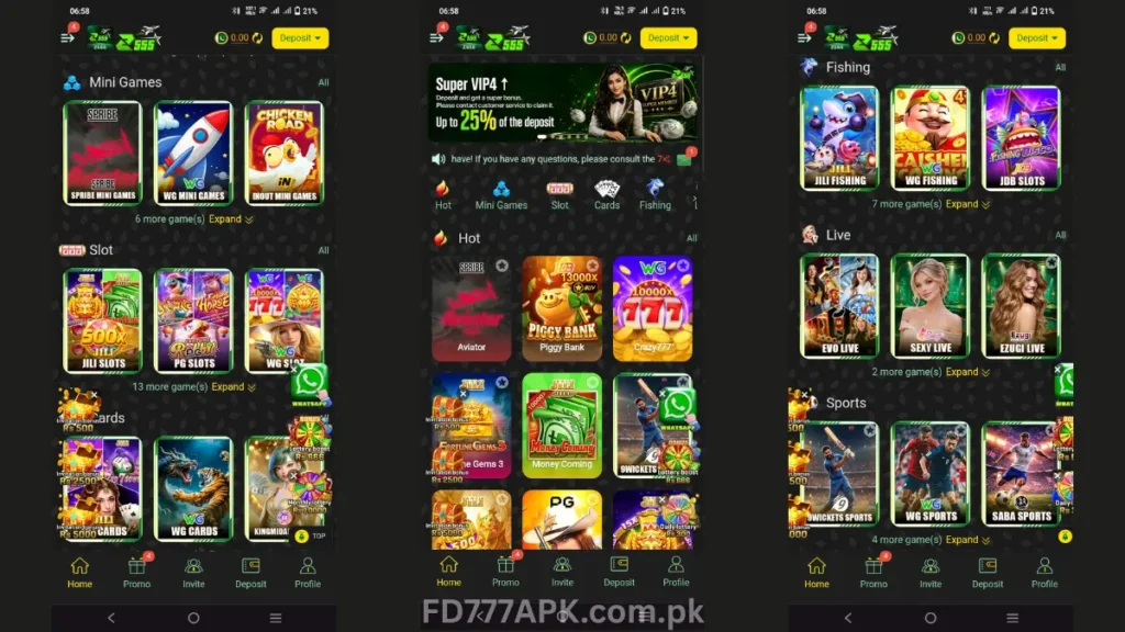 Z555 gaming app: mini games and slots home screen, VIP deposit bonus banner, and fishing and sports games grid.