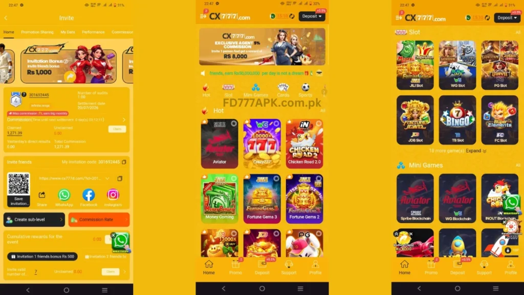 CX777 gambling app: invite bonus page, home screen with sports and hot games, and slot games selection grid.