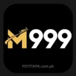 M999 Game, online casino app logo icon on black background, showing gold M999 text and a small airplane icon.