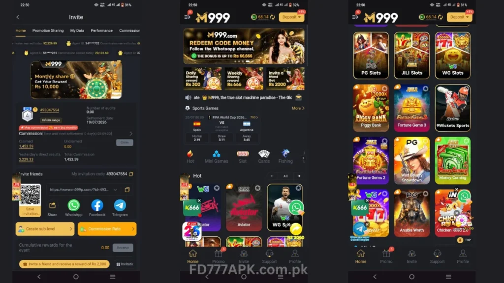 M999 gambling app: invite page, sports betting odds home screen, and slot games grid with deposit button.