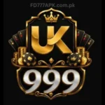 UK999 Game golden crest logo with playing cards and poker chips on a black background, with fd777apk.com.pk