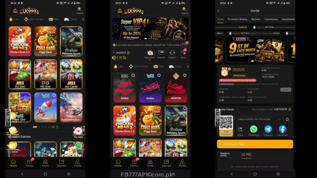 Three UK999 app screenshots: game lobby with slots, VIP deposit bonus banner, and invite commission page