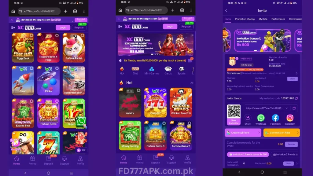Screenshots of XC777 betting site showing game lobby, agent commission promo, and invite/referral dashboard pages.